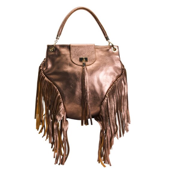 MARLON Amber Made In Italy Leather Metallic Satchel With Fringe Trim